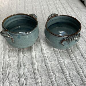 Wheel thrown Pottery 2 Bowls-Blues/browns glazed 4” mouth Approximately 3” h